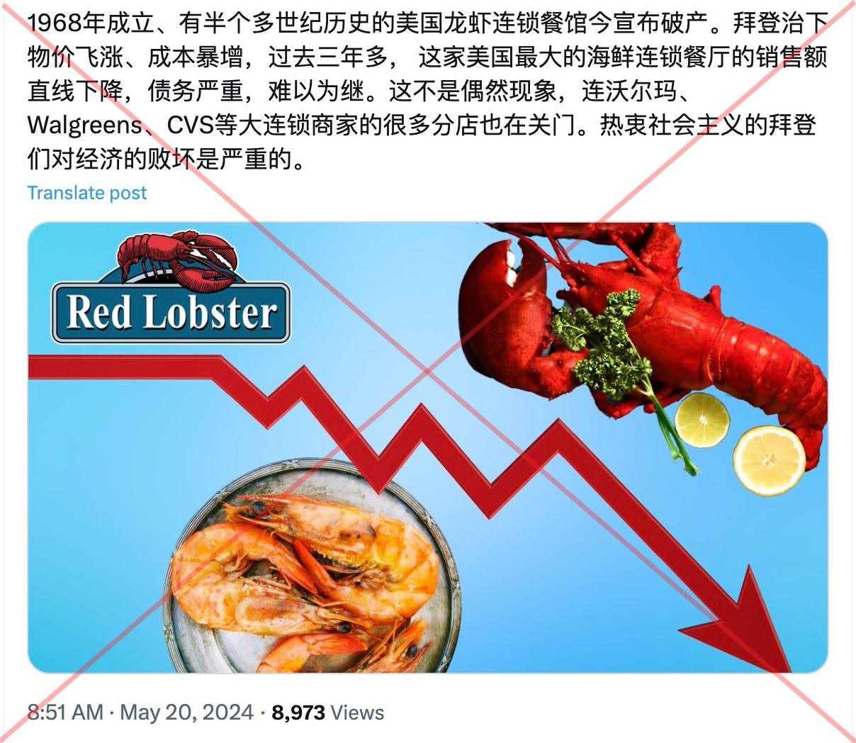 著名海鲜连锁店红龙虾(Red Lobster)本周日申请破产。此前一周，该品牌全美近100家门店关门。这个决定让右翼又找到了攻击拜登政府的新证据，他们说，看，就是拜登搞的“社会主义”害这家公司倒闭的。